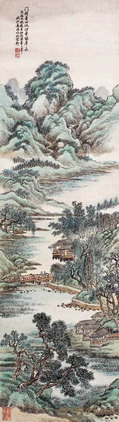 姜筠 青山村居图 立轴 122×34.5cm